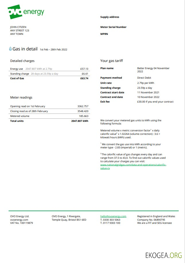 United Kingdom Ovo Energy utility bill, Word and PDF template